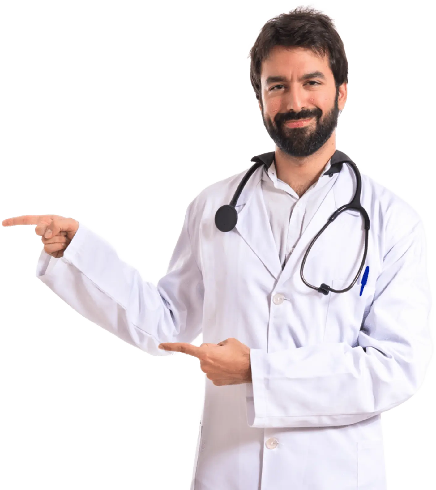 Doctor apuntando con sus manos al texto del banner