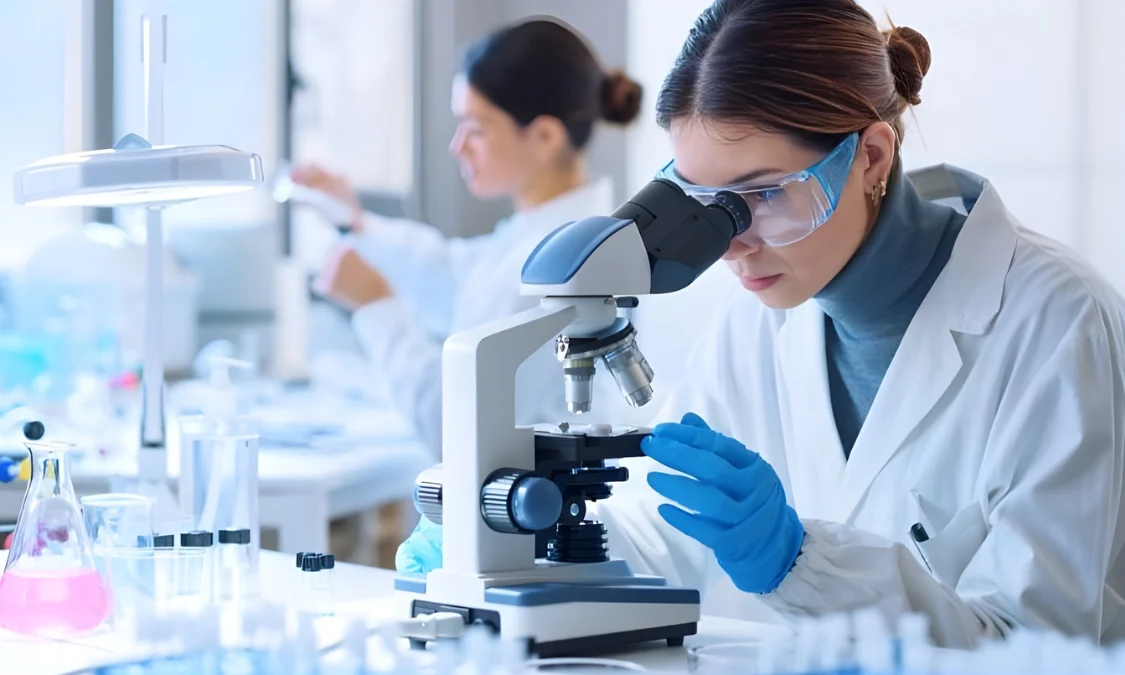 Dos especialistas de laboratorio haciendo análisis de muestras